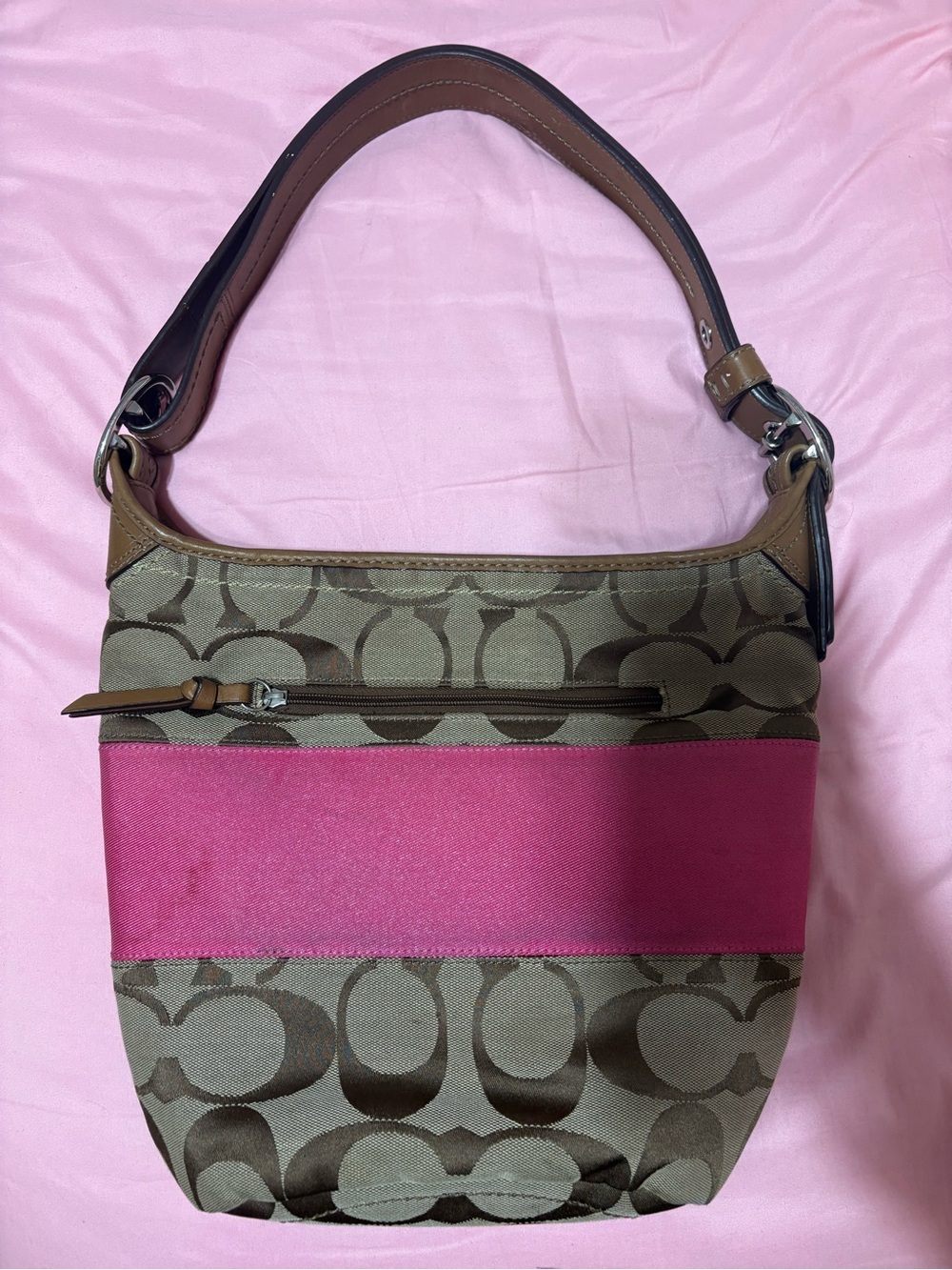 Coach Signature Canvas Shoulder Bag in Pink and Brown